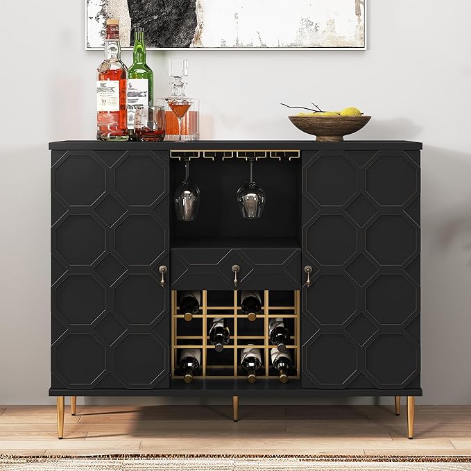 Modern Bar Cabinet with Drawer, Liquor Cabinet with Wine Glass Racks and Shelves by MROJISC