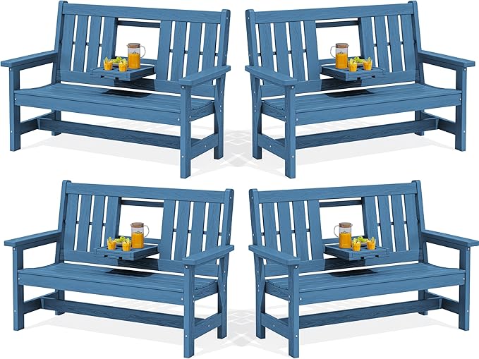 SERWALL Outdoor Bench with Cup Holder, Oversized 58" HDPE Porch Bench Suitable by SERWALL