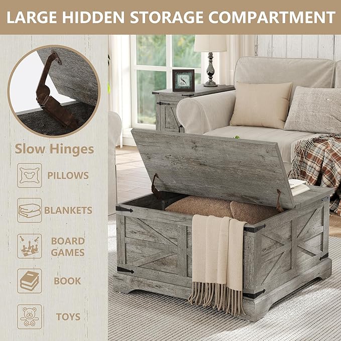 Furnideco Farmhouse Lift Top Coffee Table, Square Wood Center Table - Image 8