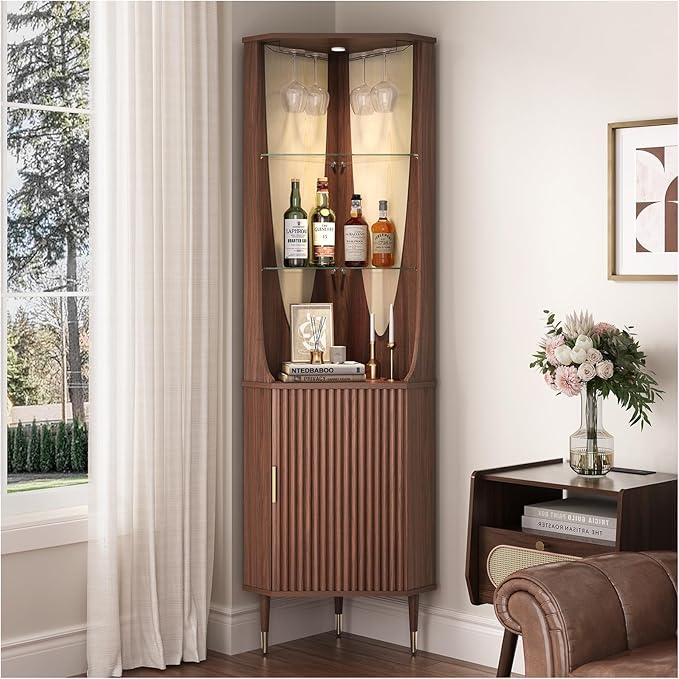JOINICE 70" Tall Corner Bar Cabinet, Mid-Century Modern Fluted Storage Cabinet by Joinice