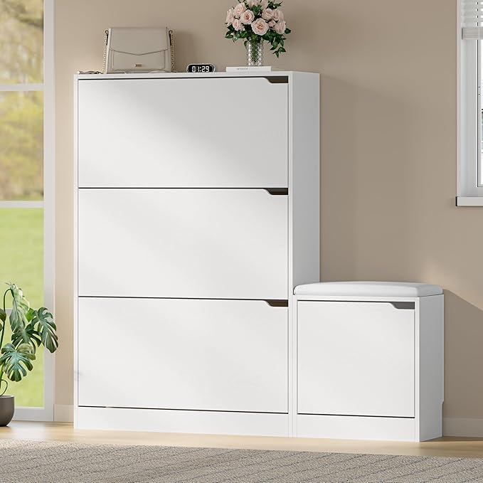 BORNOON Shoe Cabinet with Bench and 3 Flip Drawers, Slim Narrow Shoe Storage - Image 3