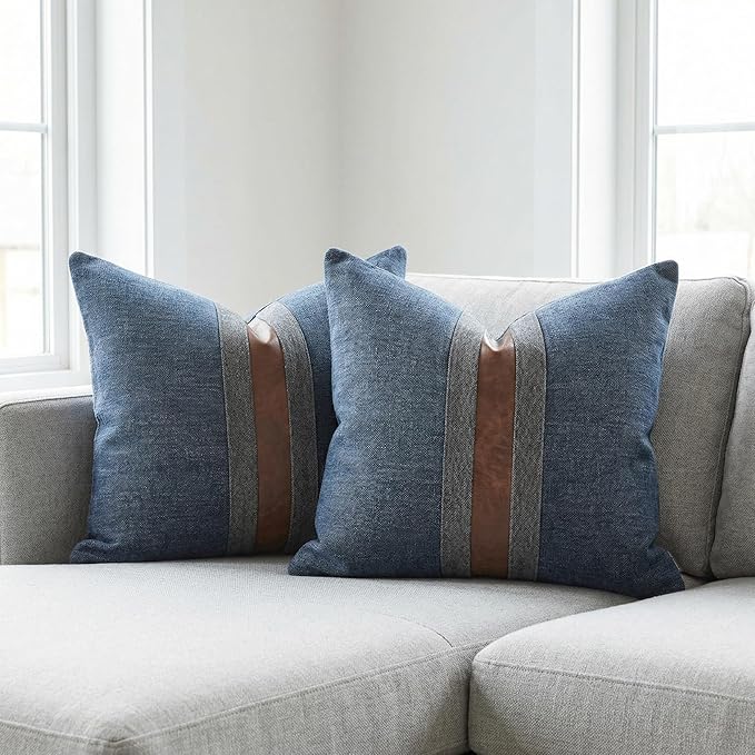 Set of 2 Leather Throw Pillow Covers Cotton Linen Decor Patchwork Pillow Cover - Image 2