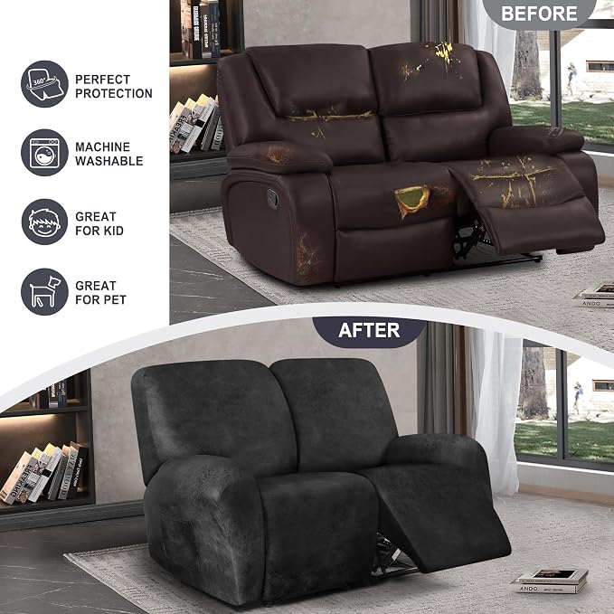 ANARACHON Leather Look Loveseat Recliner Cover, 6-Pieces Stretch Dual Recliner - Image 6