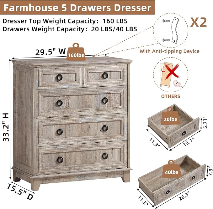 Joaxswe Farmhouse 5 Drawer Dresser - Image 2