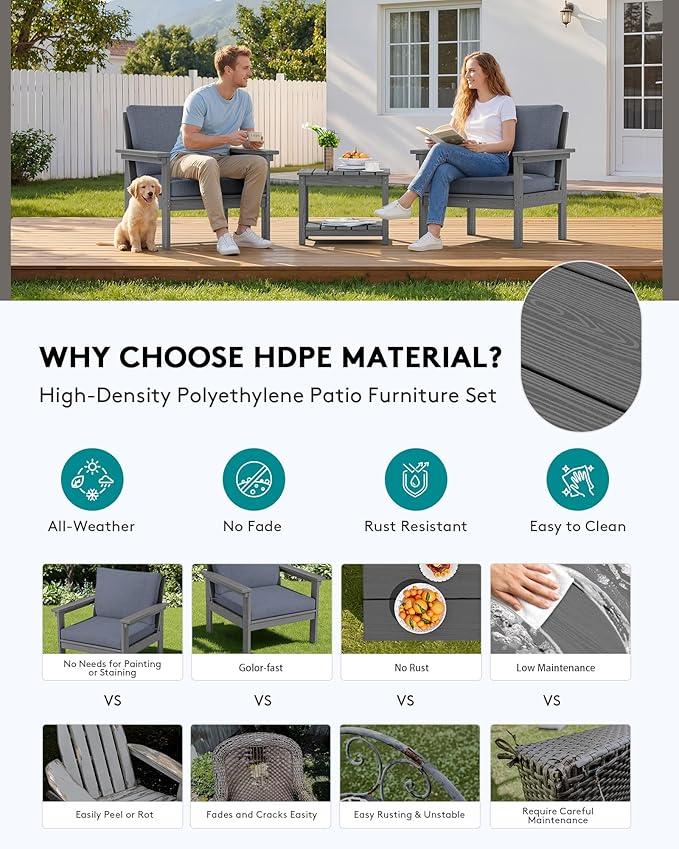 SERWALL HDPE Patio Sofa Set, 3-piece Sectional Outdoor Furniture Set, All - Image 3