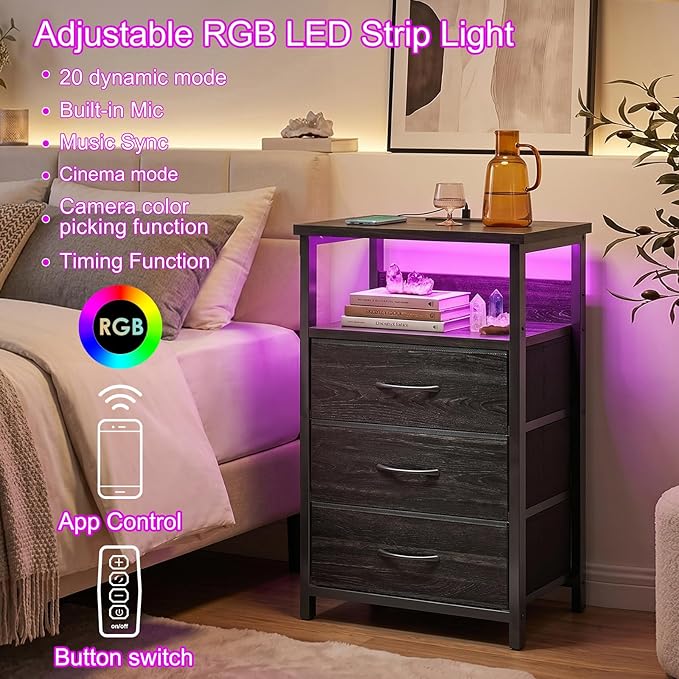 Fixwal Night Stand with Charging Station, LED Nightstand with Fabric Drawers - Image 4