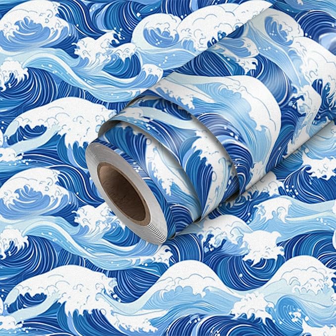 HOMETITUTE Ocean Blue Wave Pattern Wallpaper Peel and Stick Self Adhesive Vinyl by HOMETITUTE