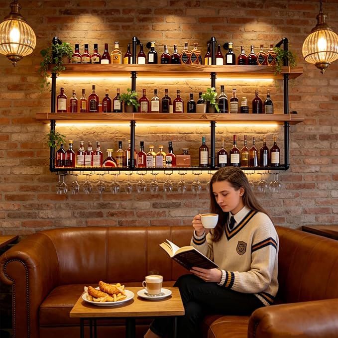 Wall Mounted Wine Rack with LED Lights, 3-Tier Industrial Wood Floating Shelves - Image 7
