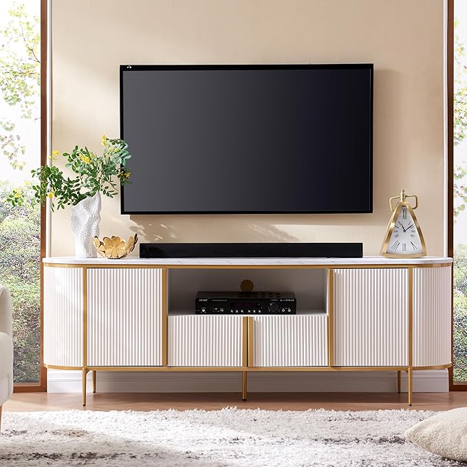 OKD 70" Fluted TV Stand with Storage, Faux Marble Top Entertainment Center - Image 2