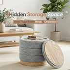 Round Storage Ottoman with Reversible Tray Lid, Folding Chenille Fabric - Image 4