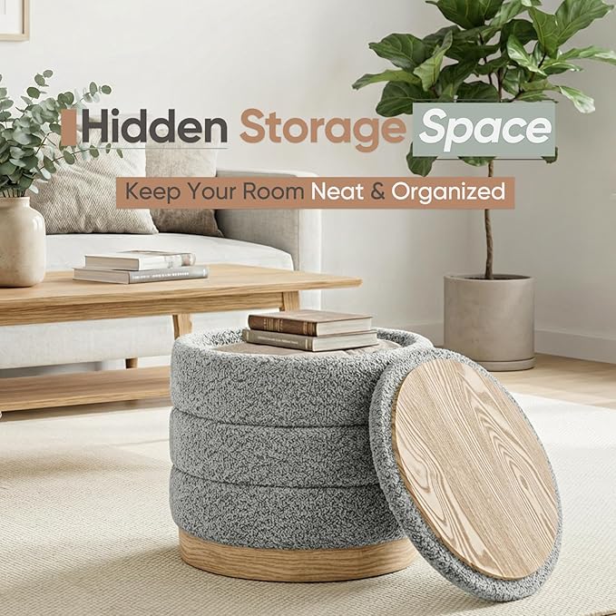 Round Storage Ottoman with Reversible Tray Lid, Folding Chenille Fabric - Image 4