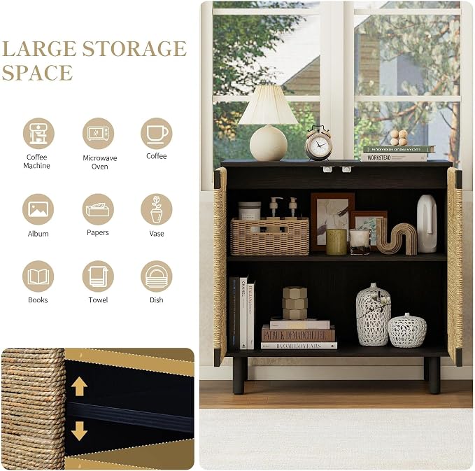 31.5" Black Accent Storage Cabinet, Modern Boho Sideboard - Image 3