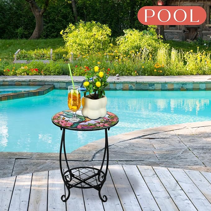 Cinnvoice Outdoor Side Table Round Small Mosaic Patio Accent Indoor End Plant - Image 4