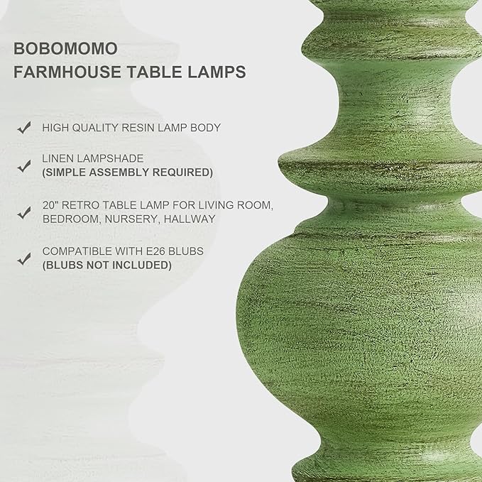 BOBOMOMO 20" Sage Green Table Lamps Set of 2 – Farmhouse Resin Bedside Lamps - Image 3