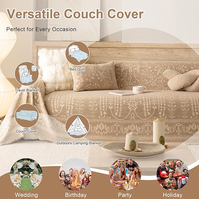 VClife Vintage Floral Boho Couch Cover, Soft Breathable Chenille Sofa Cover - Image 8