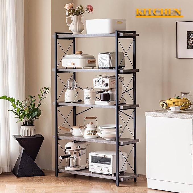 HCHQHS Bookshelf, 5-Tier Industrial Bookcase, Rustic Open Book Shelf, - Image 4
