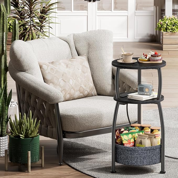 Round Side Table with Power Outlets, Small Coffee Table with S Basket, Space - Image 6