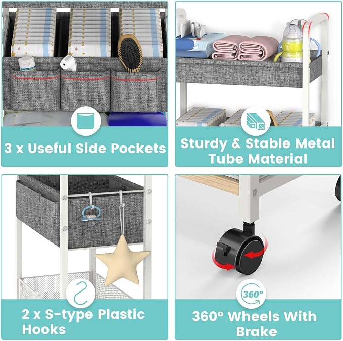 2In1 Baby Diaper Caddy & 3-Tier Rolling Diaper Cart, Diaper Caddy Organizer Cart - Image 6