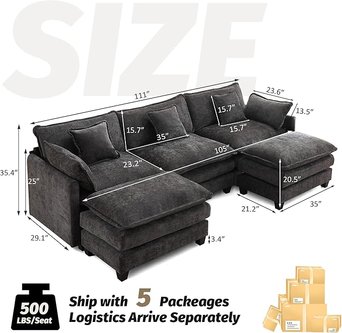 111'' Sectional Cloud Deep Seat Couch, Oversized Chenille U Shaped Sectional - Image 2