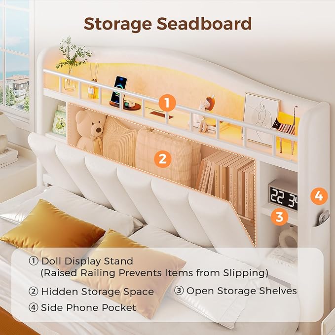 Full Size Bed Frame with LED Storage Headboard & 2 Storage Drawers, Velvet - Image 4