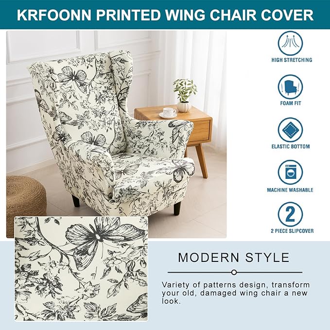 KRFOONN Velvet Wing Chair Slipcovers 2 Piece Stretch Printed Wingback Chair - Image 5