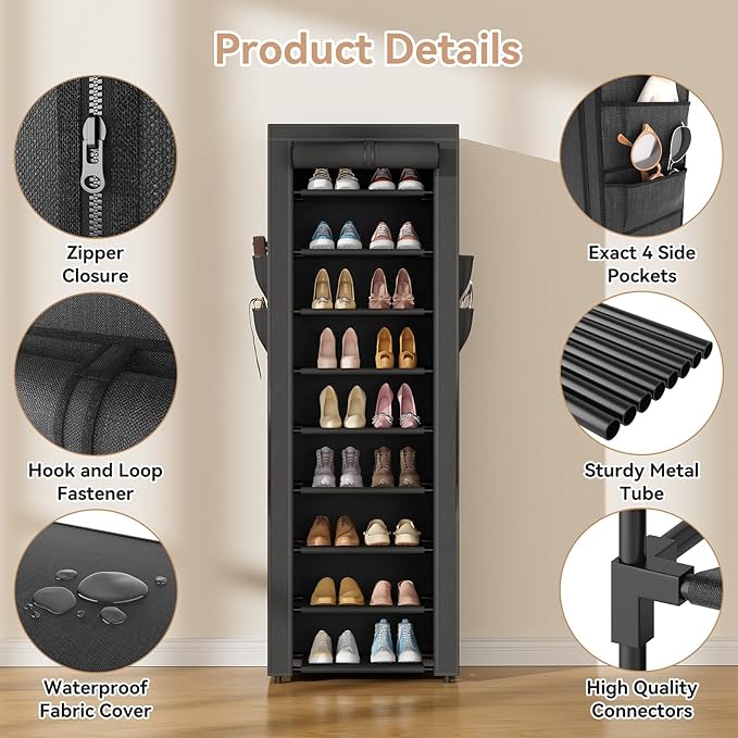 LANTEFUL Narrow Shoe Rack with Cover 10 Tier Tall Shoe Rack Organizer Large - Image 4
