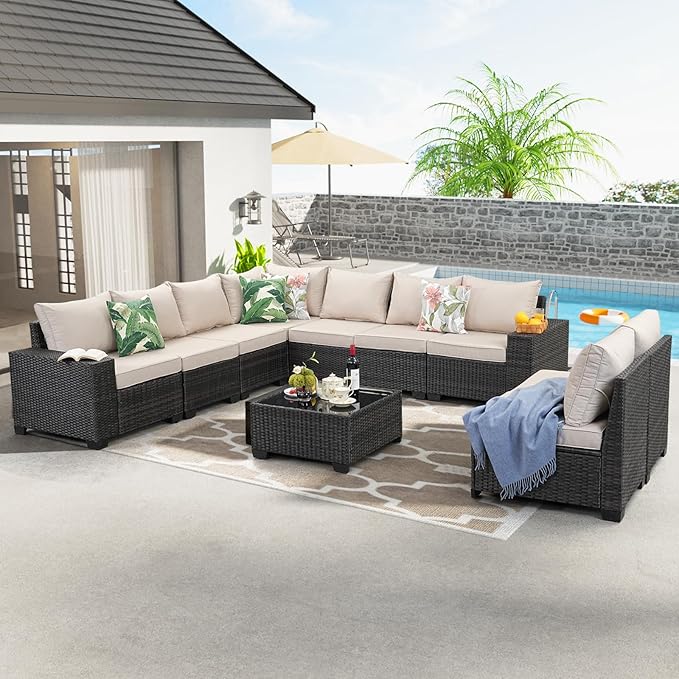 JOYURE 10 Pieces Patio Furniture Set All-Weather Outdoor Wicker Sectional - Image 7