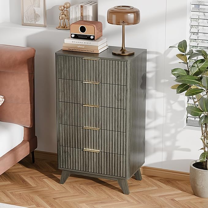 VINGLI Fluted Tall Dresser 5 Drawer, 23.66" W Chest of Drawers Gray Wood Dresser by VINGLI