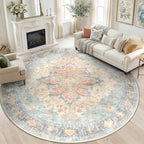 RELEANY Area Rugs Round 6ft Washable Non-Slip, Floral Vintage Distress Print by RELEANY
