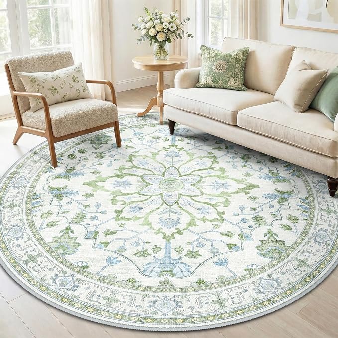 RELEANY Area Rugs Round 6ft Washable Non-Slip, Floral Vintage Distress Print by RELEANY