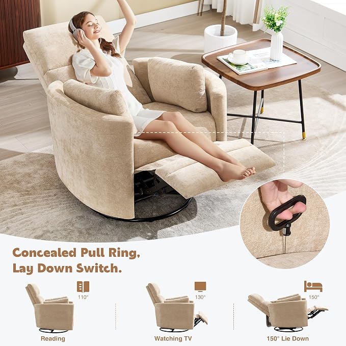 Manual Recliner 360°Swivel Glider Rocking Chair, Upholstered Nursery Adult - Image 5