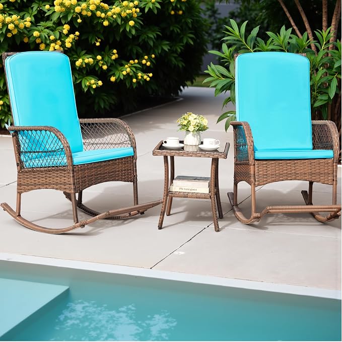 Greesum 3 Piece Outdoor Wicker Rocking Chairs Patio Furniture Set - Image 3