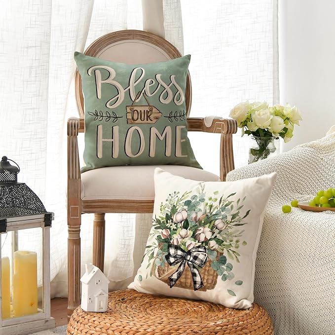 AVOIN colorlife Bless Our Home Farmhouse Eucalyptus Leaves Throw Pillow Covers - Image 3