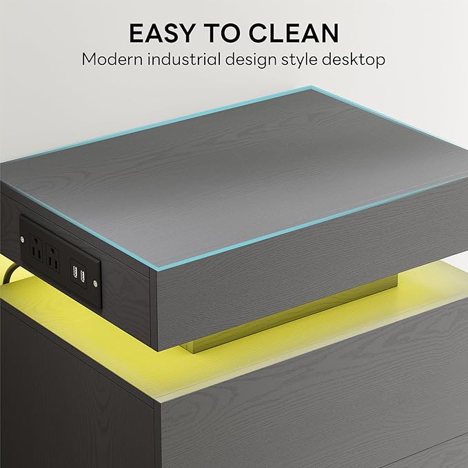 LIKIMIO Night Stand with Charging Station, Modern Grey Nightstand with LED - Image 9