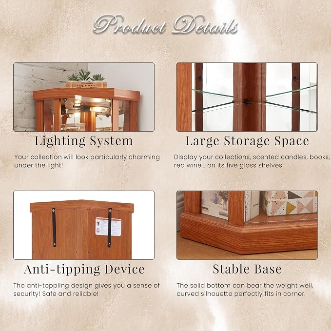 Corner Curio Cabinet, Light Bulb Inclued, Wine Bar China Cabinet - Image 7
