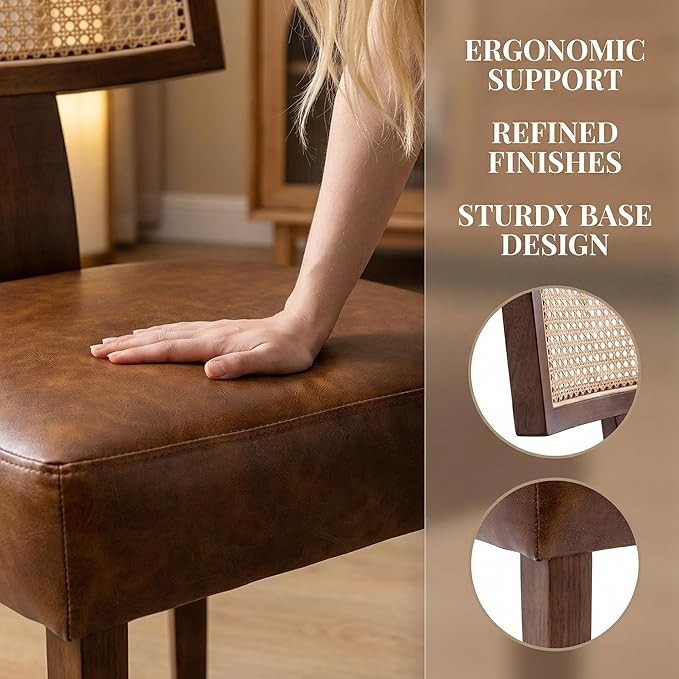 HNY Mid Century Modern Rattan Dining Chairs Set of 4, Farmhouse PU Leather - Image 4