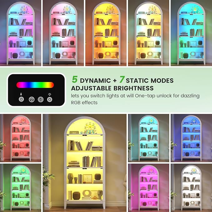 HNEBC Arched Book Shelf with Glass Doors, LED Bookcase with RGB Lights - Image 9