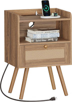 SUPERJARE Nightstand with Charging Station & Rattan-Like Decor Drawer, Rattan by SUPERJARE