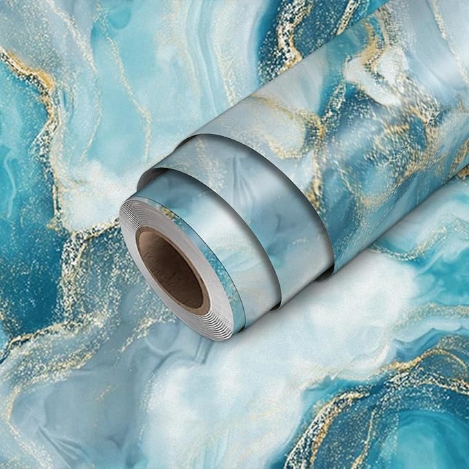 HOMETITUTE Teal Agate Marble Wallpaper Peel and Stick Blue Stone Pattern by HOMETITUTE