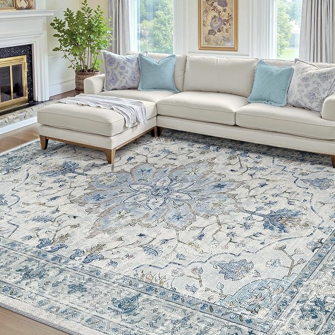 RELEANY Area Rugs 7'x10' Washable Non-Slip, Floral Vintage Distress Print by RELEANY