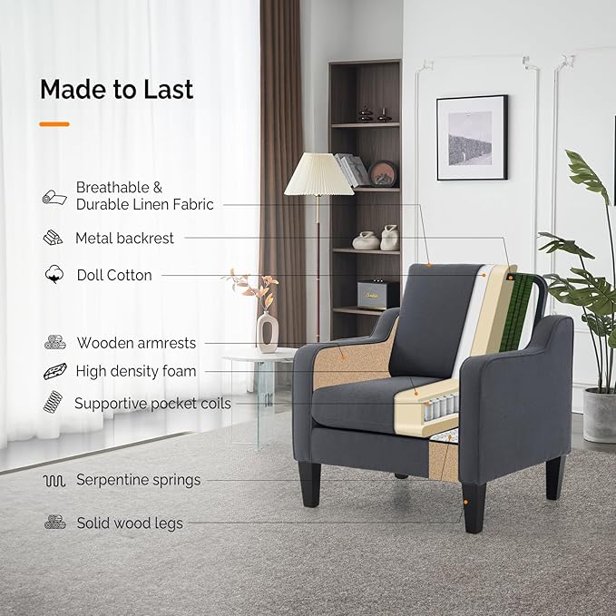 VINGLI Accent Chairs Set of 2 Living Room Chairs Dark Grey Reading Chair - Image 5