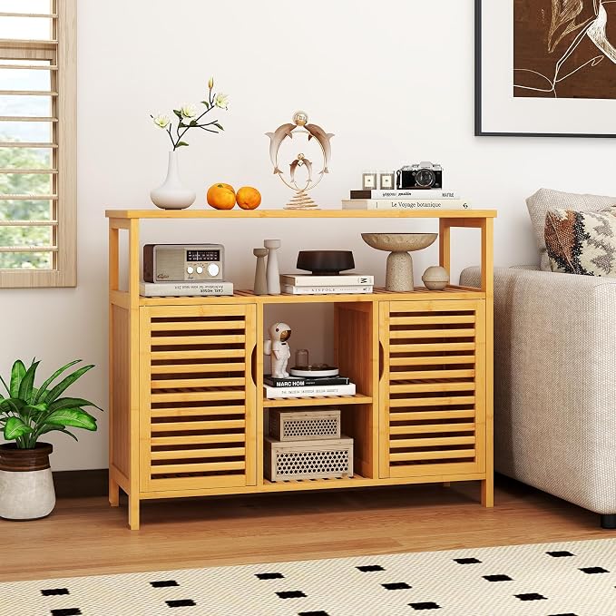 Giantex Bamboo Bathroom Storage Cabinet, 2-Door Storage Organizer - Image 9