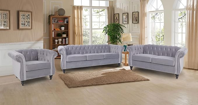 RARZOE 3 Pieces of Living Room Furniture Sofa Sets, Modern Velvet Chesterfield - Image 3