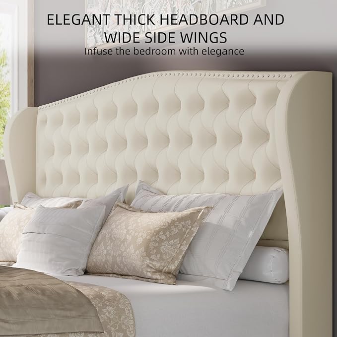 BRELTAM Upholstered King Size Bed Frame Velvet Beige Tufted Platform Bed Frame - Image 3