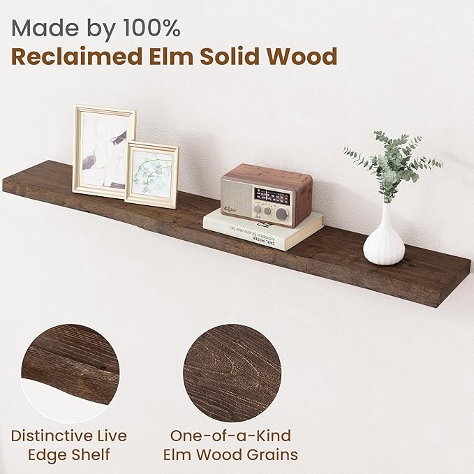 Floating Shelves for Wall Decor, Rustic Solid Elm Wood Live Edge Floating - Image 3