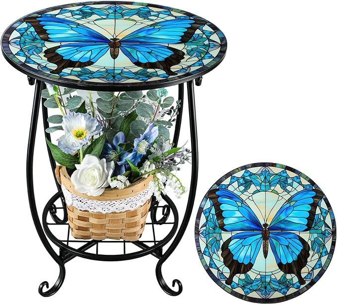 Cinnvoice Outdoor Side Table Round Small Mosaic Patio Accent Indoor End Plant by Cinnvoice