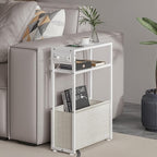 Leomonio White Side Table with Charging Station, Slim End Tables with Linen by Leomonio