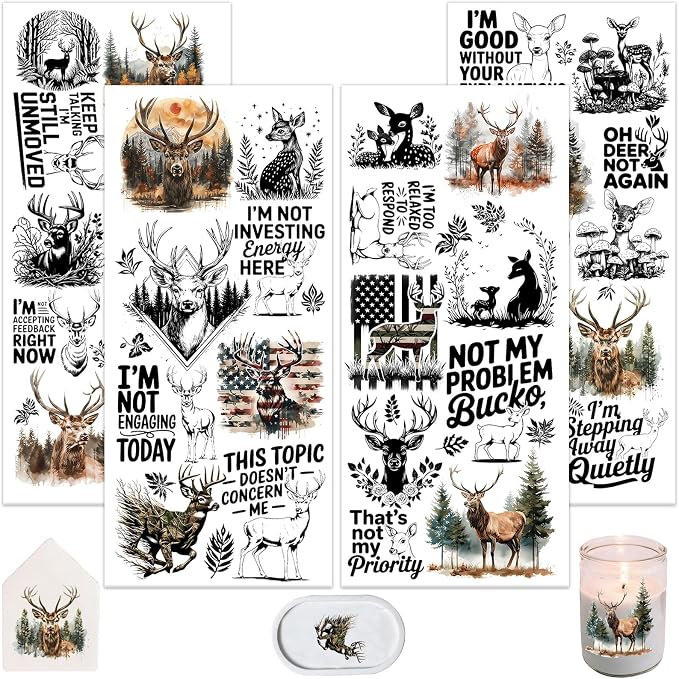 4 Sheets Rub on Transfers for Crafts, Forest Deer Furniture Transfers for Wood by Dorsbaby