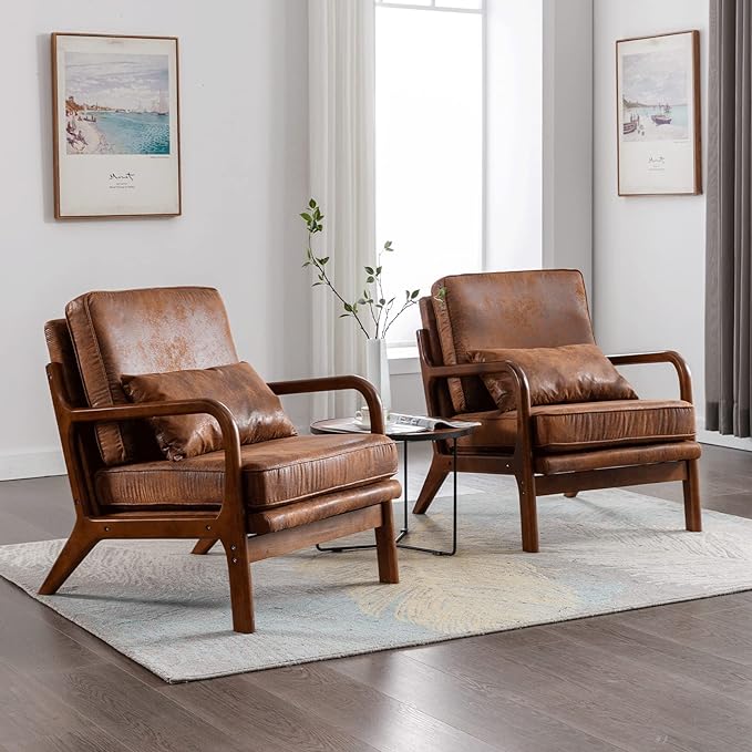 Mid Century Modern Accent Chair Set of 2 Living Room- Comfy Solid Wood Arm Chair by Deolme