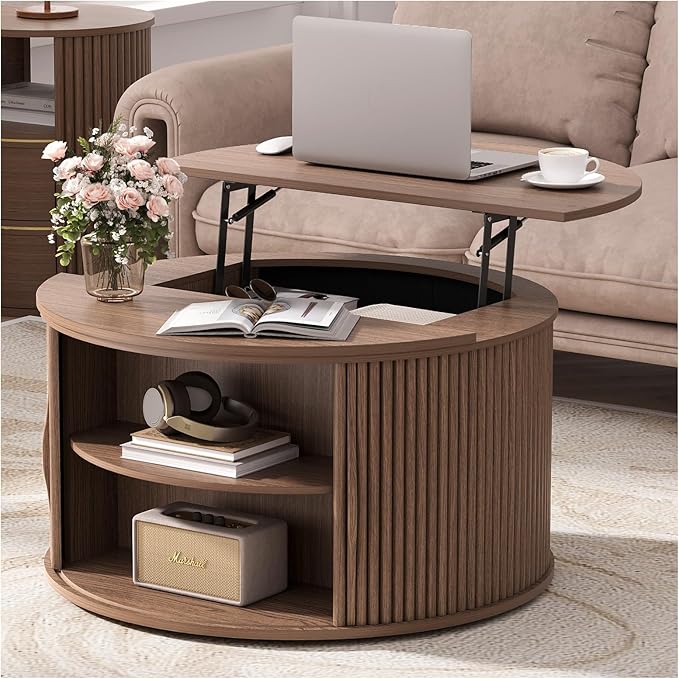 JOINICE 31.5" Round Lift Top Coffee Table, Mid Century Modern Walnut Center by Joinice